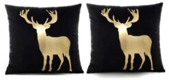 2 Coussins Velours Noir Et Cerf Doré