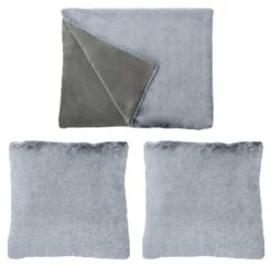 2 Coussins 1 Plaid Fausse Fourrure Gris